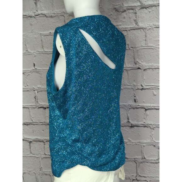 XSCAPE Womens Large Sleeveless Teal Cutout Glitter Tinsel Top 4-Way Stretch - Picture 7 of 9